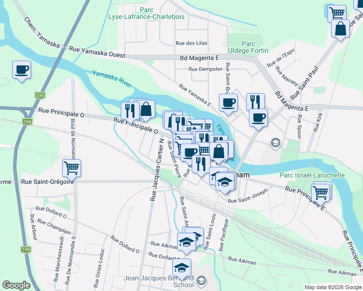 map of restaurants, bars, coffee shops, grocery stores, and more near 105 Rue Principale Est in Farnham