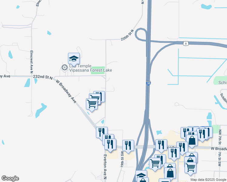 map of restaurants, bars, coffee shops, grocery stores, and more near 23123 Everton Bay in Forest Lake