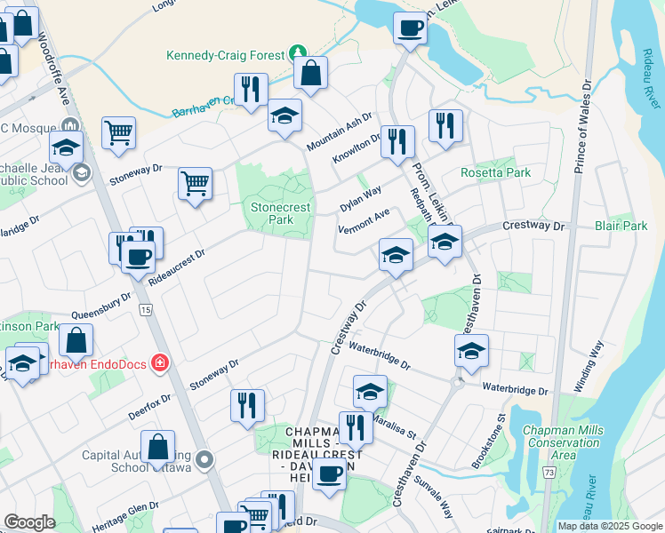 map of restaurants, bars, coffee shops, grocery stores, and more near 15 Redpath Drive in Ottawa