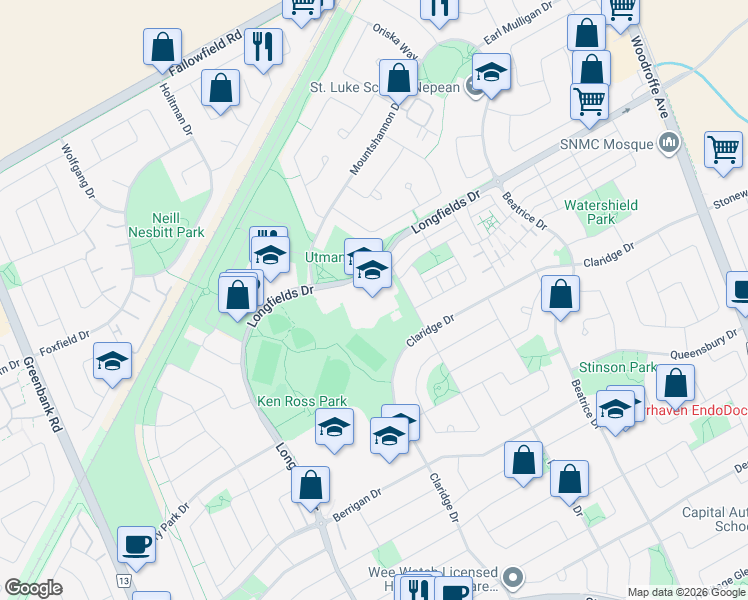 map of restaurants, bars, coffee shops, grocery stores, and more near 440 Longfields Drive in Ottawa
