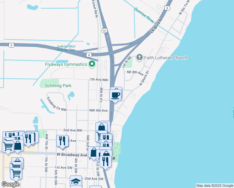 map of restaurants, bars, coffee shops, grocery stores, and more near 7 5th Avenue Northeast in Forest Lake