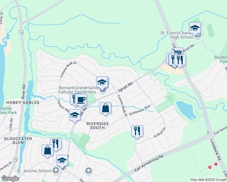 map of restaurants, bars, coffee shops, grocery stores, and more near 4005 Canyon Walk Drive in Ottawa
