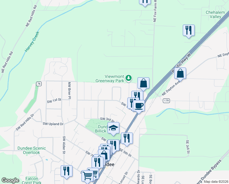 map of restaurants, bars, coffee shops, grocery stores, and more near 165 Northwest Peach Street in Dundee