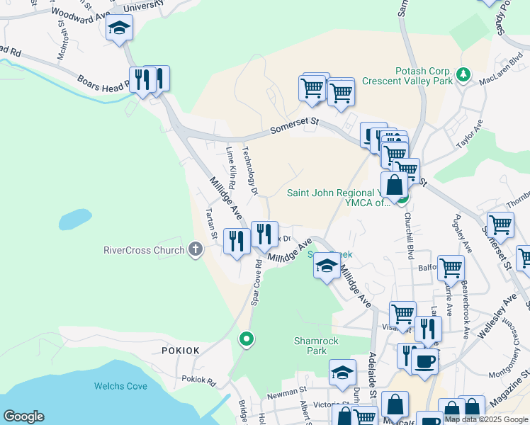 map of restaurants, bars, coffee shops, grocery stores, and more near 83 Sussex Drive in Saint John