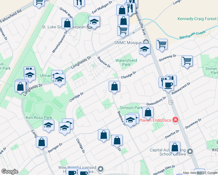 map of restaurants, bars, coffee shops, grocery stores, and more near 21 Upney Drive in Ottawa