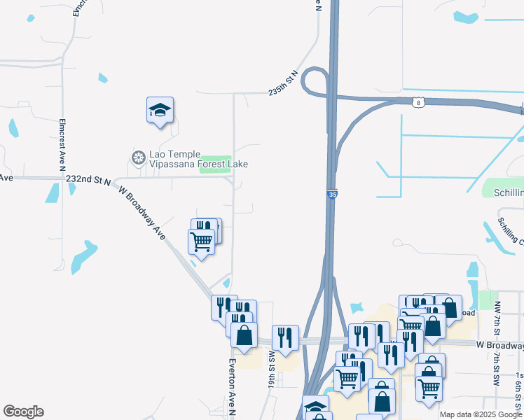 map of restaurants, bars, coffee shops, grocery stores, and more near 23123 Everton Bay in Forest Lake