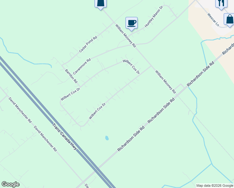 map of restaurants, bars, coffee shops, grocery stores, and more near 176 Wilbert Cox Drive in Ottawa