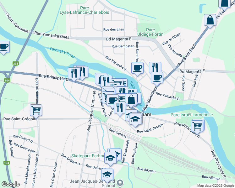 map of restaurants, bars, coffee shops, grocery stores, and more near 201 Rue Principale Est in Farnham