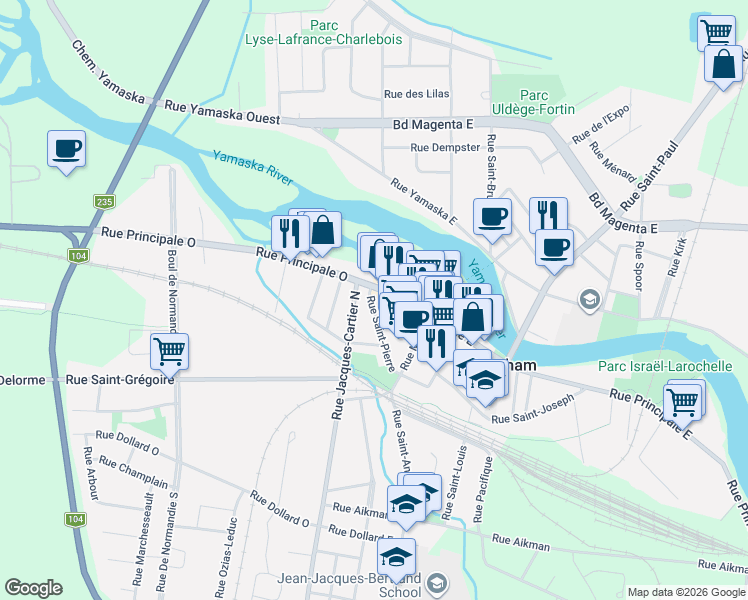 map of restaurants, bars, coffee shops, grocery stores, and more near 547 Rue Saint-Pierre in Farnham