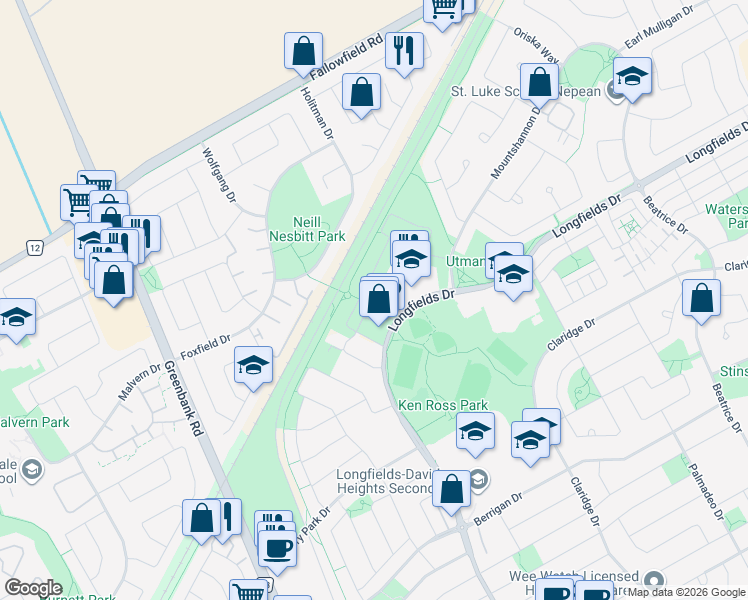 map of restaurants, bars, coffee shops, grocery stores, and more near 605 Longfields Drive in Ottawa