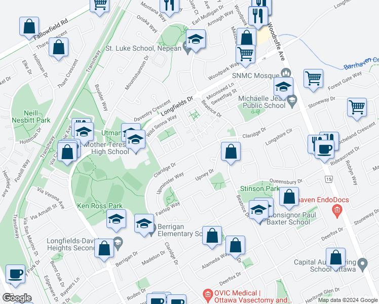 map of restaurants, bars, coffee shops, grocery stores, and more near 195 Claridge Drive in Ottawa