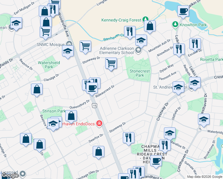 map of restaurants, bars, coffee shops, grocery stores, and more near 30 Rideaucrest Drive in Ottawa