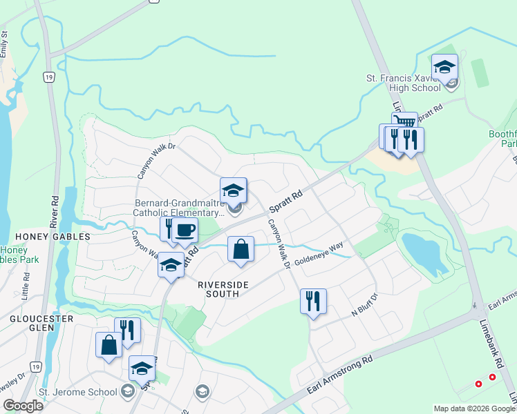 map of restaurants, bars, coffee shops, grocery stores, and more near 4017 Canyon Walk Drive in Ottawa