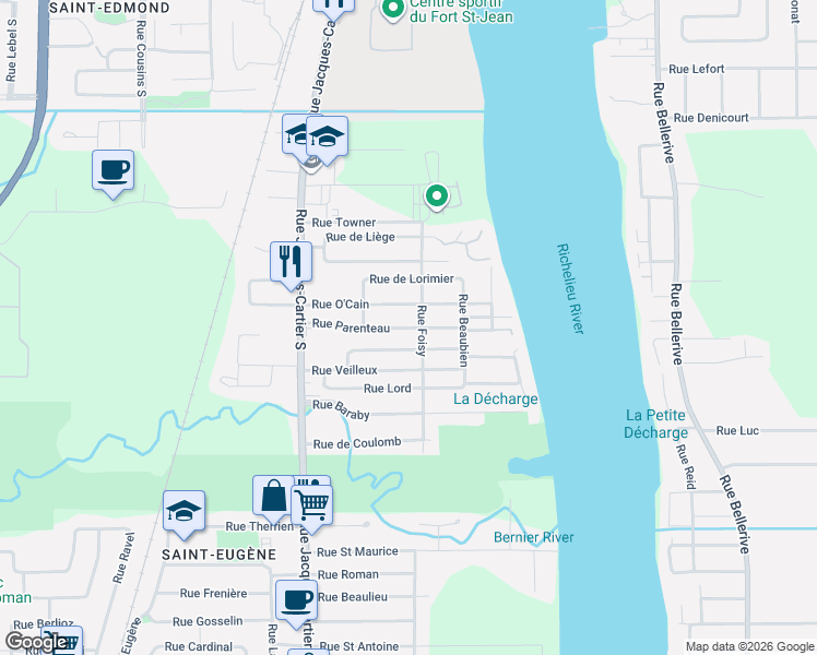 map of restaurants, bars, coffee shops, grocery stores, and more near Rue Parenteau in Saint-Jean-sur-Richelieu