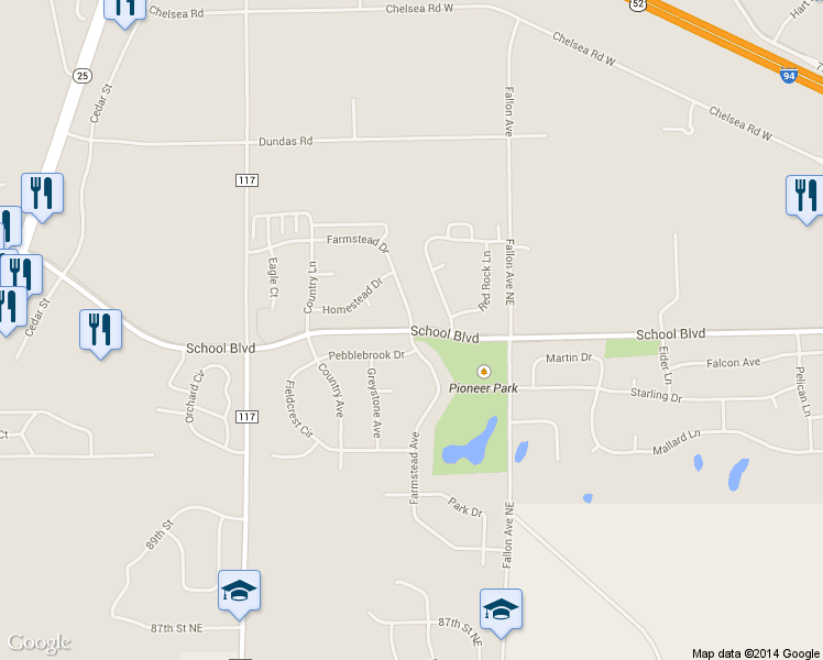 map of restaurants, bars, coffee shops, grocery stores, and more near School Blvd in Monticello