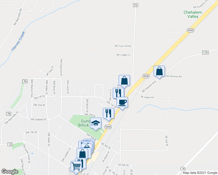 map of restaurants, bars, coffee shops, grocery stores, and more near 242 Northwest Ione Street in Dundee