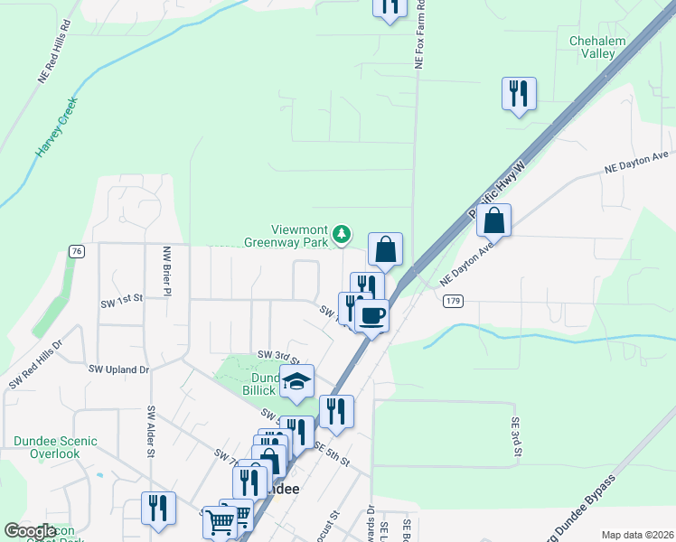map of restaurants, bars, coffee shops, grocery stores, and more near 242 Northwest Ione Street in Dundee