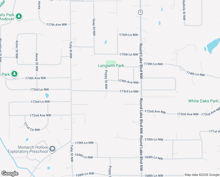 map of restaurants, bars, coffee shops, grocery stores, and more near 3349 173rd Lane Northwest in Andover