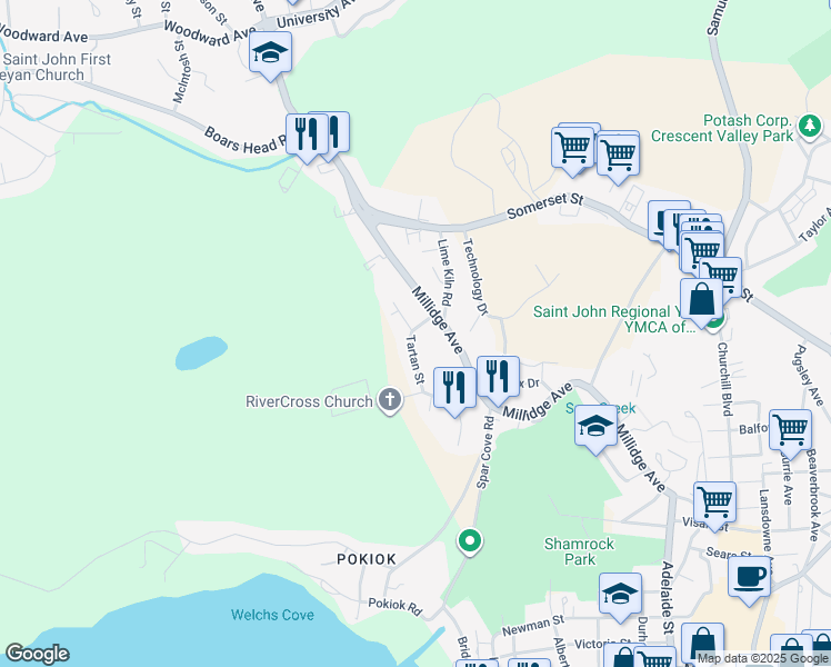 map of restaurants, bars, coffee shops, grocery stores, and more near 201 Tartan Street in Saint John