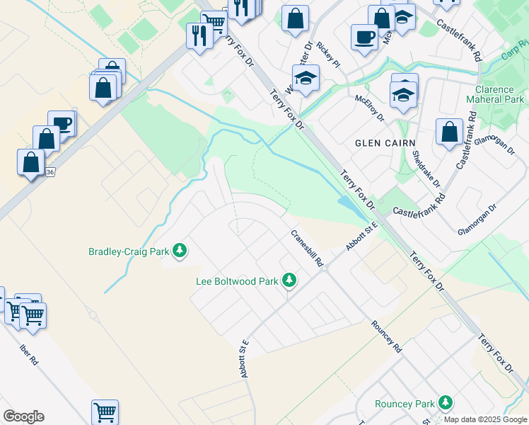map of restaurants, bars, coffee shops, grocery stores, and more near 180 Cranesbill Road in Ottawa