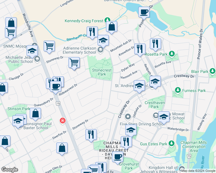 map of restaurants, bars, coffee shops, grocery stores, and more near 242 Stoneway Drive in Ottawa
