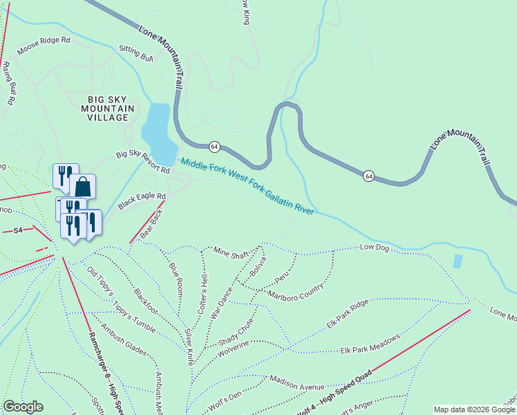 map of restaurants, bars, coffee shops, grocery stores, and more near 355-357 Low Dog in Big Sky