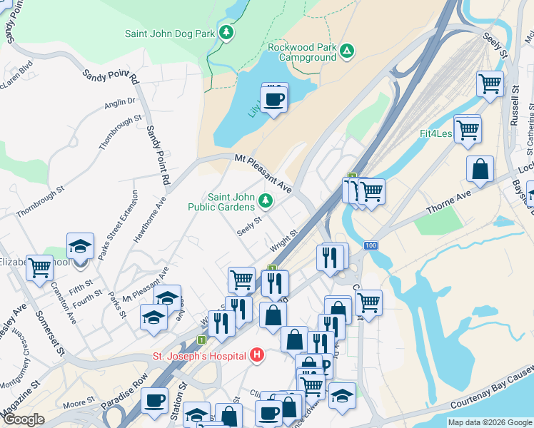 map of restaurants, bars, coffee shops, grocery stores, and more near Seely St in St John