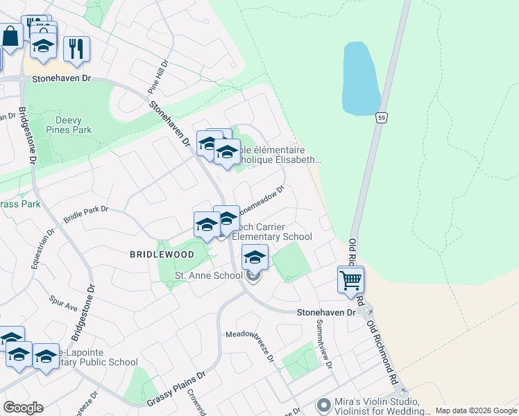 map of restaurants, bars, coffee shops, grocery stores, and more near 143 Stonemeadow Drive in Ottawa