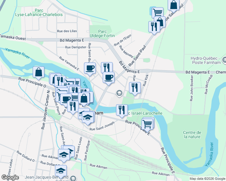 map of restaurants, bars, coffee shops, grocery stores, and more near 579 Chemin Yamaska in Farnham