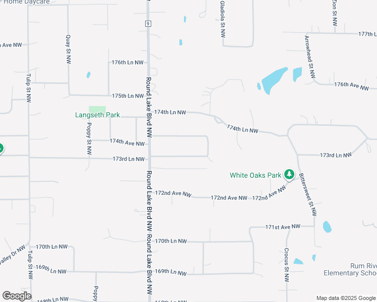 map of restaurants, bars, coffee shops, grocery stores, and more near 3056 173rd Lane Northwest in Andover