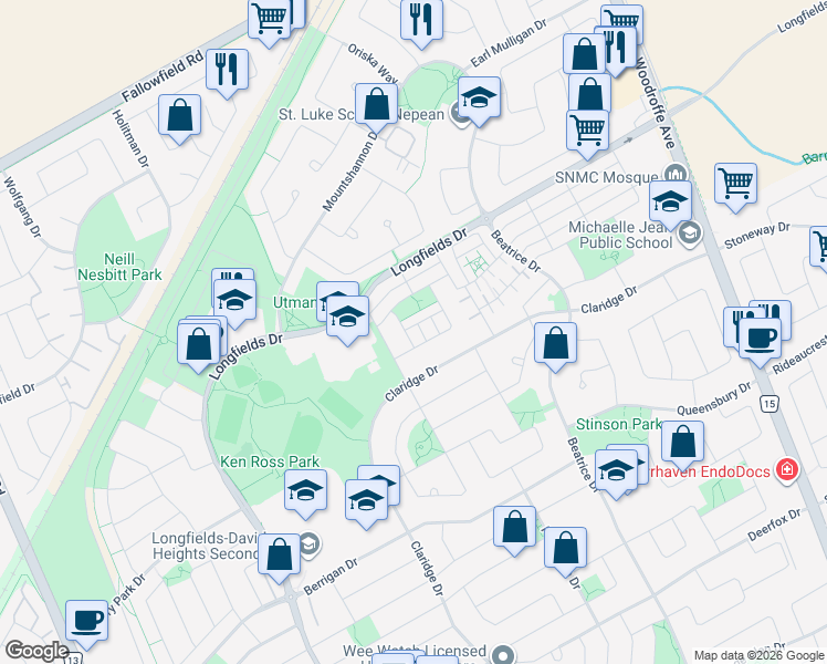 map of restaurants, bars, coffee shops, grocery stores, and more near 73 Blueheart Bay in Ottawa