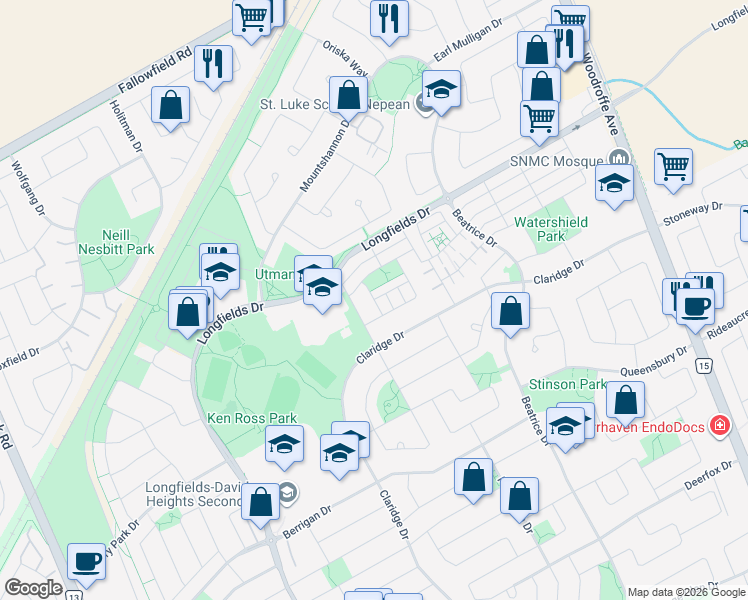 map of restaurants, bars, coffee shops, grocery stores, and more near Blueheart Bay in Ottawa