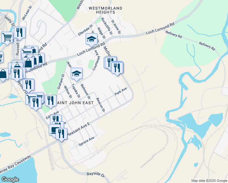 map of restaurants, bars, coffee shops, grocery stores, and more near 151 Bellevue Street in Saint John