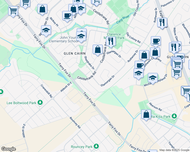 map of restaurants, bars, coffee shops, grocery stores, and more near 250 Castlefrank Road in Ottawa
