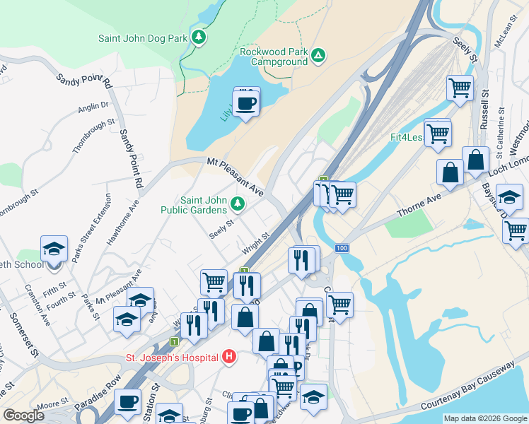 map of restaurants, bars, coffee shops, grocery stores, and more near 3 Pine Street in Saint John