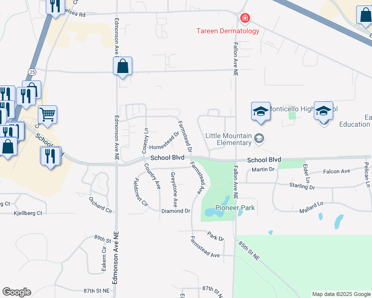 map of restaurants, bars, coffee shops, grocery stores, and more near 4810 Farmstead Drive in Monticello