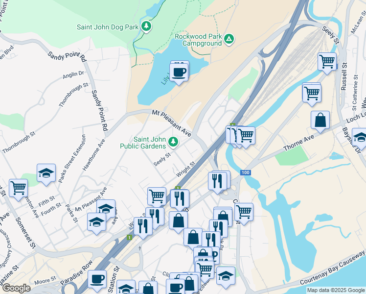 map of restaurants, bars, coffee shops, grocery stores, and more near 69 Seely Street in Saint John