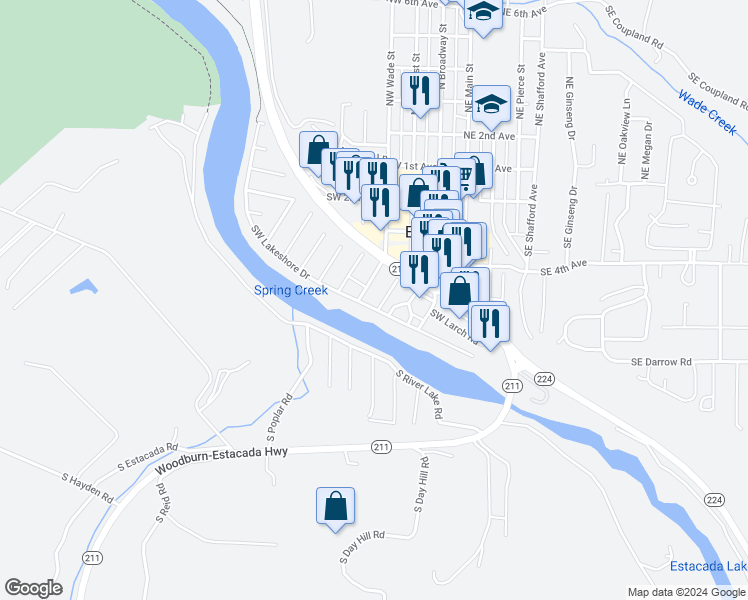 map of restaurants, bars, coffee shops, grocery stores, and more near 325 Southwest Lakeshore Drive in Estacada