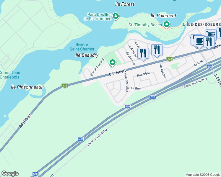 map of restaurants, bars, coffee shops, grocery stores, and more near 15 Rue des Tulipes in Salaberry-de-Valleyfield