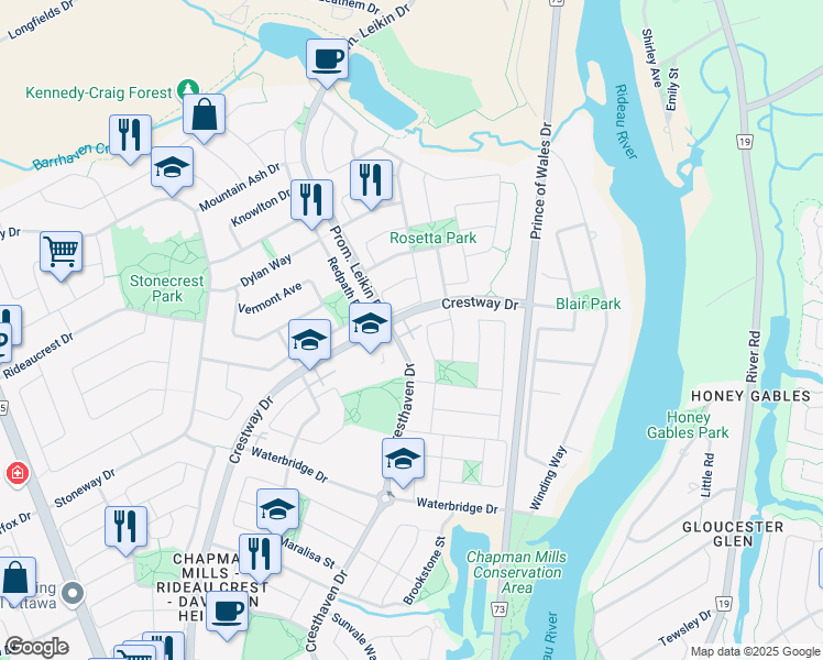 map of restaurants, bars, coffee shops, grocery stores, and more near 231 Crestway Drive in Ottawa