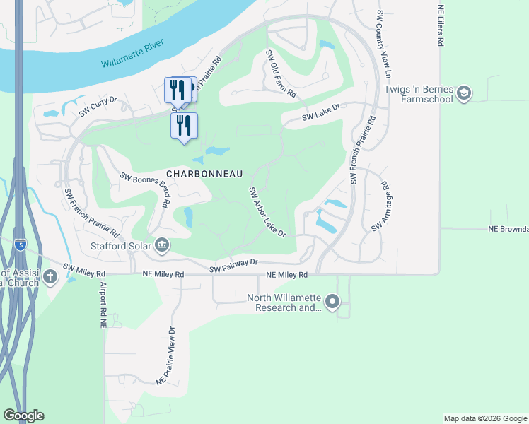 map of restaurants, bars, coffee shops, grocery stores, and more near 7465 Southwest Greens View Court in Wilsonville