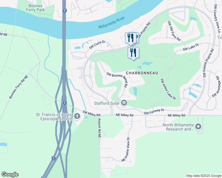 map of restaurants, bars, coffee shops, grocery stores, and more near 8280 Southwest Lafayette Way in Wilsonville