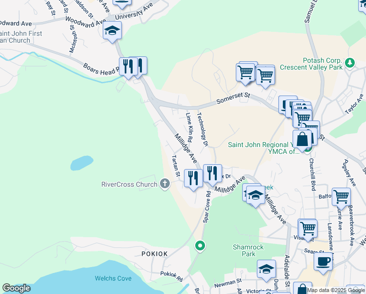 map of restaurants, bars, coffee shops, grocery stores, and more near 570 Tartan St in St John