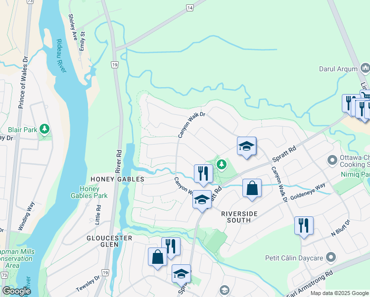map of restaurants, bars, coffee shops, grocery stores, and more near 3713 Mountain Meadows Crescent in Ottawa