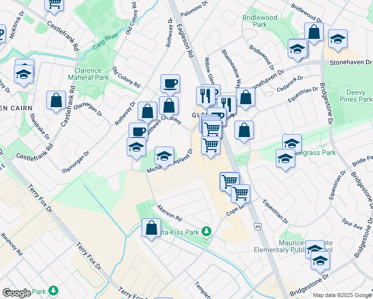 map of restaurants, bars, coffee shops, grocery stores, and more near 160 Michael Cowpland Drive in Ottawa
