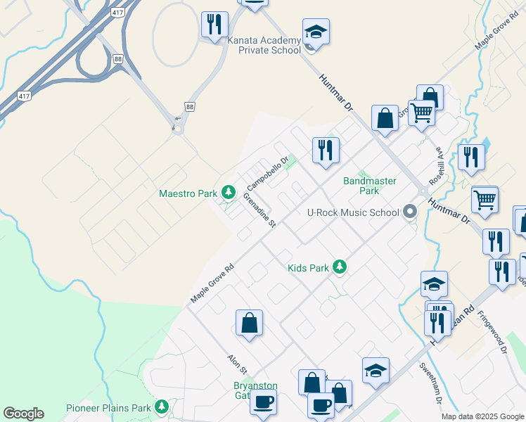 map of restaurants, bars, coffee shops, grocery stores, and more near 119 Grenadine Street in Ottawa