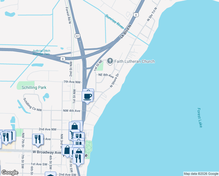 map of restaurants, bars, coffee shops, grocery stores, and more near North Shore Drive in Forest Lake