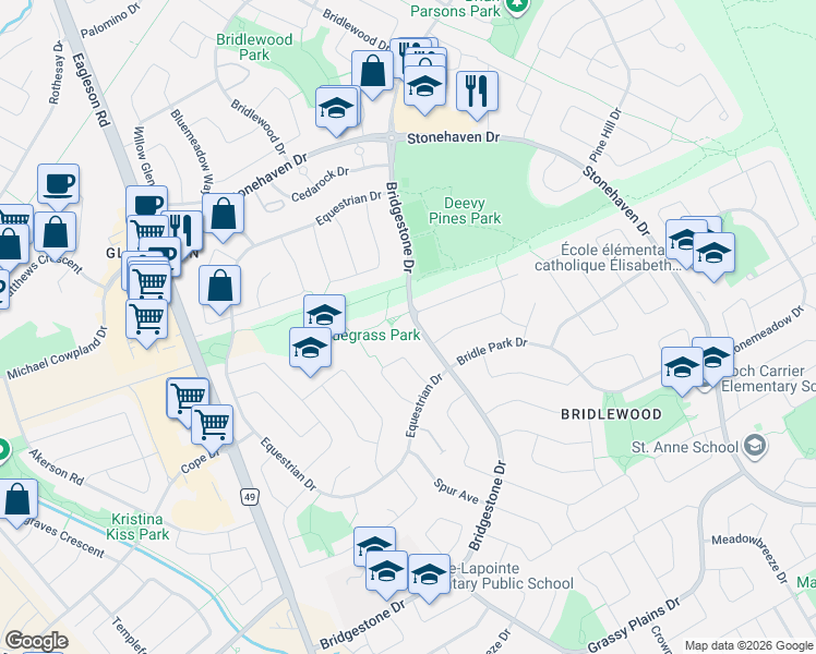 map of restaurants, bars, coffee shops, grocery stores, and more near 189 Bridgestone Drive in Ottawa