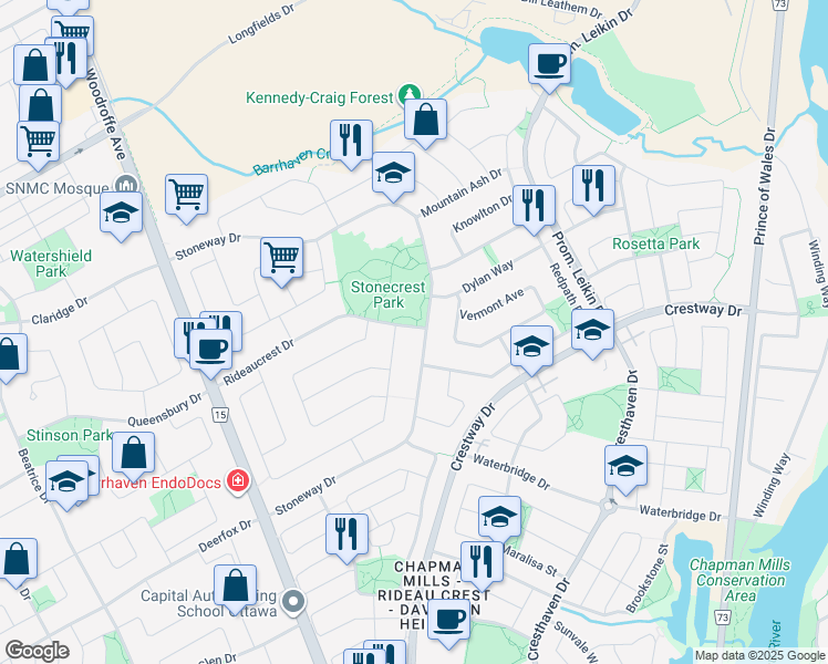 map of restaurants, bars, coffee shops, grocery stores, and more near 226 Stoneway Drive in Ottawa