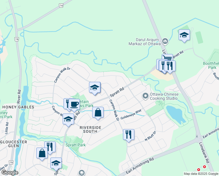 map of restaurants, bars, coffee shops, grocery stores, and more near 834 Feather Moss Way in Ottawa